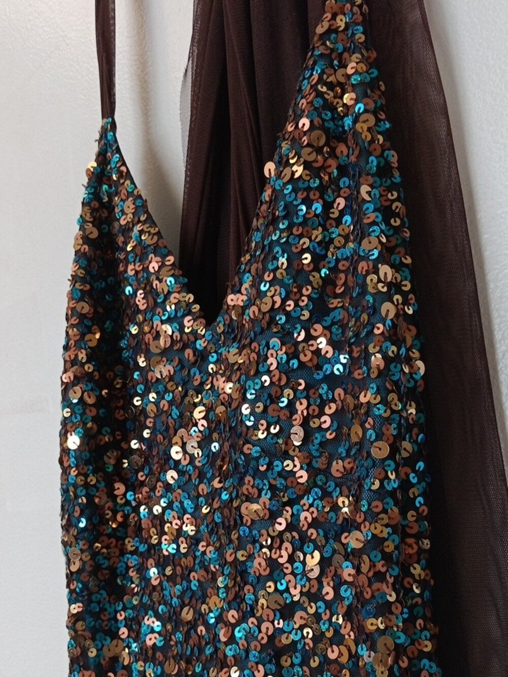 Scala Teal & Brown Sequin Strappy Maxi Gown - Picture 7 of 13
